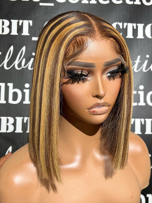 Elva Hair #2#27 Highlight Straight Bob Wig 13x4 Lace Front Bob Wig 100% Human Hair With Pre Plucked Hairline & Bleached Knots【00537】