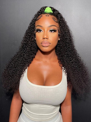 32 Inches Available !!! 18''- 32'' Inches Elva Hair Pre Plucked Raw Cambodian Deep Curly 13X4 Lace Front Wig Bleached Knots With Pre Plucked Hairline【00428】