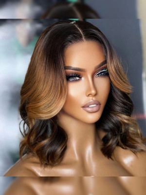 Elva Hair 100% Human Hair Hot Bob Wig Loose Wave 13x6 Lace Front Wigs Blonde Highlight  Bob Wig Swiss Lace【00426】