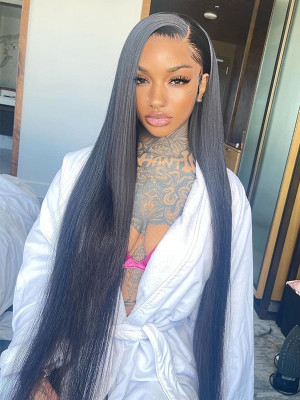 32 Inches Available !!! 18''- 32'' Inches Elva Hair Pre Plucked Raw Cambodian Silky Straight  13X4 Lace Front Wig Bleached Knots With Pre Plucked Hairline【00358】