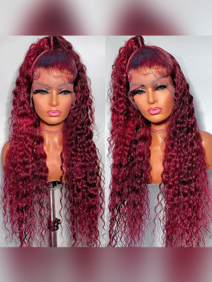 99J Burgendy Deep Wave Wig.13x6 Lace Front Human Hair Wigs【00213】