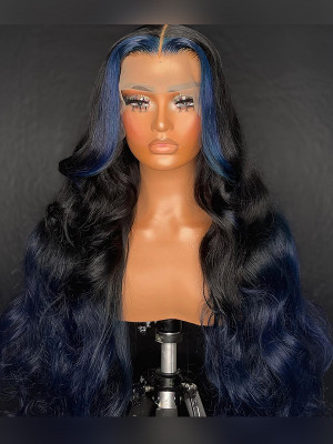 Elva Hair 1b#blue Color  Loose Wave Brazilian Remy Hair 13x6 Lace Front Human Hair Wigs【00750】