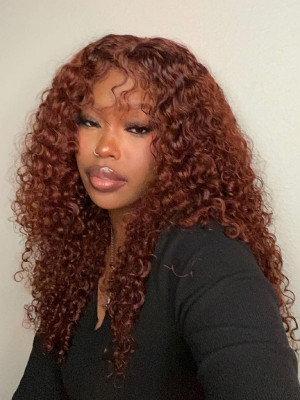 Elva Hair Deep Curly 13x6 Lace Front Human Hair Wigs Reddish Brown Glueless Human Hair Wigs Most Popular Dark Auburn Color With Preplucked Hairline【00461】