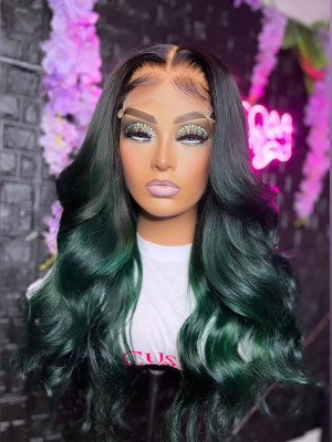 Halloween Hot Sale Loose Wave 13x6 Lace Front Human Hair Wigs 1BTGreen Highlight Glueless Human Hair Wigs With Preplucked Hairline【00457】