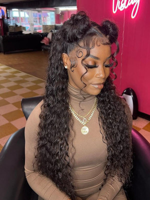 Elva Hair Water Wave Brazilian Remy Hair 150 Density 13X6 Lace Frontal Wigs Pre Plucked With Baby Hair Swiss Lace【00294】