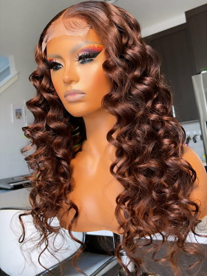 Brown Loose Wave Color #4 13X6 Brazilian Remy Hair 150 Density  Lace Frontal Wigs Swiss Lace【G012】