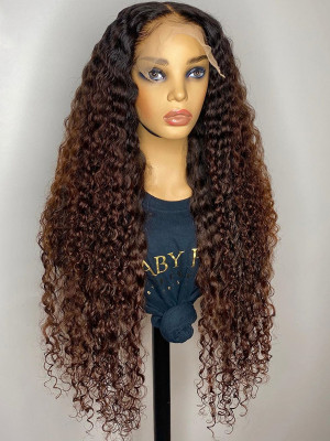 Elva Hair 1BT8# Curly Brazilian Remy Hair Ombre Color 13x6 Lace Front Human Hair Wigs 150 Density 【00985】