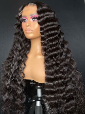 30 Inches Available !!! 18''- 30'' Inches Elva Hair Pre Plucked Raw Cambodian Deep Wave 13X4 Lace Front Wig Bleached Knots With Pre Plucked Hairline【00405】