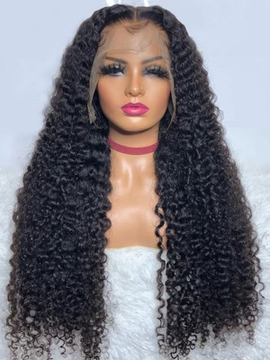 32 Inches Available !!! 18''- 32'' Inches Elva Hair Pre Plucked Raw Cambodian Deep Curly 13X4 Lace Front Wig Bleached Knots With Pre Plucked Hairline【00393】