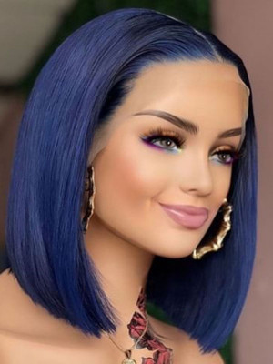 Elva Hair 13x4 Lace Front Wigs Pre Plucked Blue Silky Straight Bob Wig Hot Summer Bob Wig 【00434】