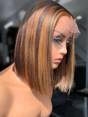 Elva Hair 13x4 Lace Front Wigs Pre Plucked Brown Highlight  Silky Straight Bob Wig Hot  Summer Bob Wig 【00412】