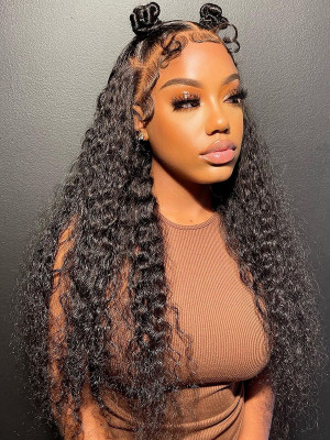 32 Inches Available !!! 18''- 32'' Inches Elva Hair Pre Plucked Raw Cambodian Deep Wave 13X4 Lace Front Wig Bleached Knots With Pre Plucked Hairline【00371】