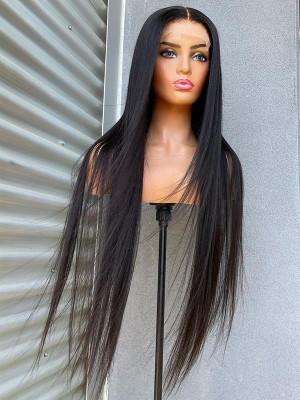 18''- 32'' Inches Elva Hair Pre Plucked Raw Cambodian Hair Silky Straight 13X4 Lace Front Wig Bleached Knots With Pre Plucked Hairline【00395】