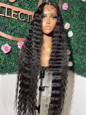 30 Inches Available !!! 18''- 30'' Inches Elva Hair Pre Plucked Raw Cambodian Deep Wave 13X4 Lace Front Wig Bleached Knots With Pre Plucked Hairline【00406】