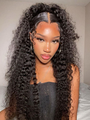 30 Inches Available !!! 18''- 30'' Inches Elva Hair Pre Plucked Raw Cambodian Curly 13X4 Lace Front Wig Bleached Knots With Pre Plucked Hairline【00360】