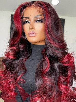 Elva Hair Loose Wave 13x6 Lace Front Human Hair Wigs Red Highlight Glueless Human Hair Wigs With Preplucked Hairline【00454】