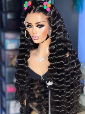 32 Inches Available !!! 18''- 32'' Inches Elva Hair Pre Plucked Raw Cambodian Deep Wave 13X4 Lace Front Wig Bleached Knots With Pre Plucked Hairline【00473】