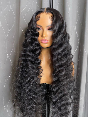 32 Inches Available !!! 18''- 32'' Inches Elva Hair Pre Plucked Raw Cambodian Deep Wave 13X4 Lace Front Wig Bleached Knots With Pre Plucked Hairline【00380】