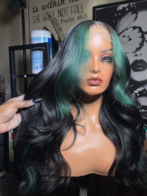 Elva Hair Body Wave 13x6 Lace Front Human Hair Wigs Green Highlight Lace Front Wigs Preplucked Hairline With Baby hair 【00468】